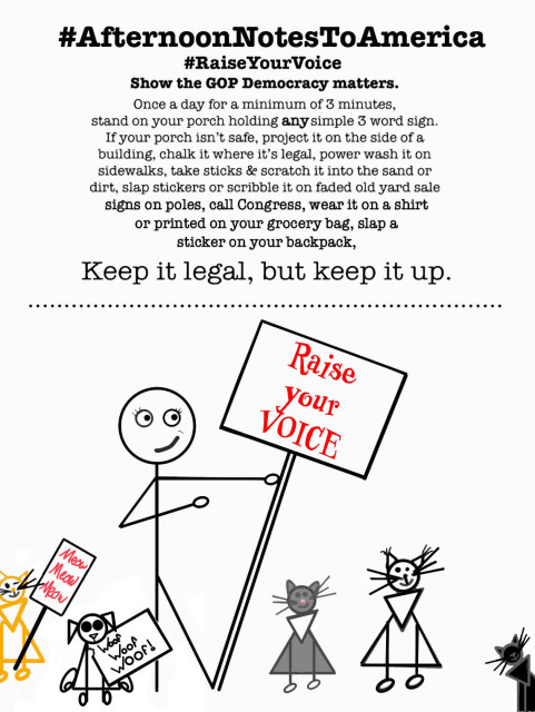 #AfternoonNotesToAmerica #RaiseYourVoice Show the GOP Democracy matters. Once a day for a minimum of 3 minutes, stand on your porch holding ANY simple 3 word sign. If your porch isn’t safe, project it on the side of a building, chalk it where it's legal, power wash it on sidewalks, take sticks & scratch it into the sand or dirt, slap stickers or scribble it on faded old yard sale signs on poles, call Congress, wear it on a shirt or printed on your grocery bag, slap a sticker on your backpack, KEEP IT LEGAL, BUT KEEP IT UP. - Under those words a stick figure surrounded by cats is holding a sign that says Raise Your VOICE. the orange cat’s holding a sign that says meow, meow meow. The black cat is peeking in from the side. The Maine coon just looks sweet and confuzzled and the grey cat with the white ruff just looks sweet and I added a puppy chewing on his WOOF WOOF WOOF! sign