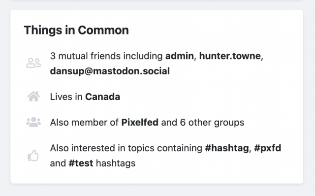 Pixelfed profile section called "Things in Common" that list attributes you have in common