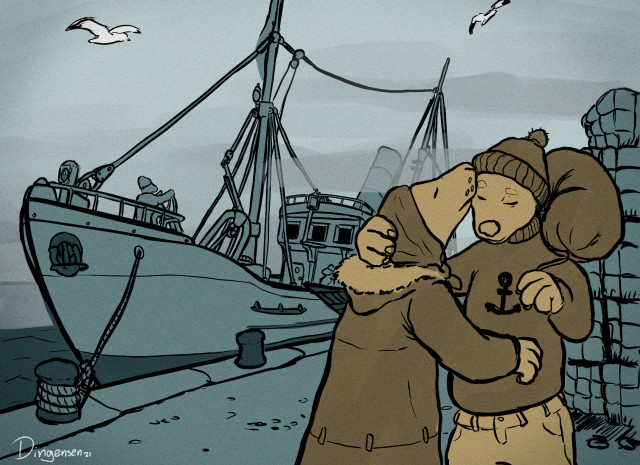 Drawing of Two Seals embracing in front of a background that contains a harbor with a fishing trawler docked, getting ready for departure.

The one Seal, implied to be the mother, wearing a thick coat, is giving the other seal a kiss on the forehead. The other seal is wearing a fisherman's outfit and carries a large sack. they are implied to be leaving soon.