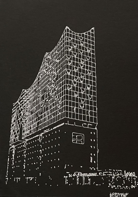 the hamburger building Elbphilharmonie drawn from the north side of the elbe. made with white ink on black paper. the glass and iconic shape is very detailed while the base is mainly black and simplistic