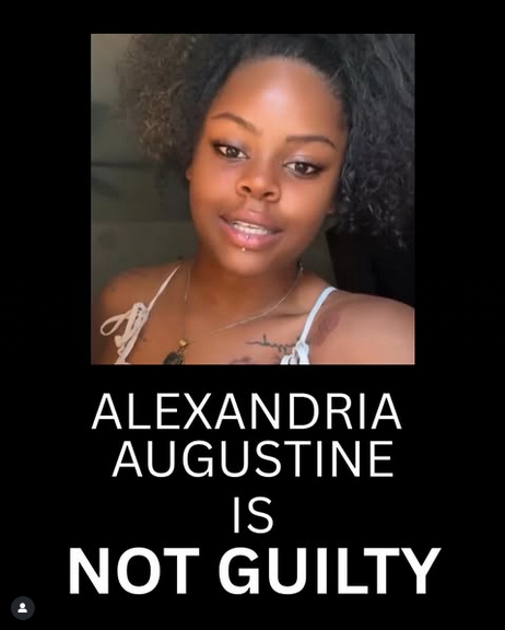 Picture of a young Black woman who's been a regular protester at the LA ICE facility. She's wearing a white top with spaghetti straps and has ear-length curly hair. Text reads "Alexandria Augustine is NOT GUILTY."