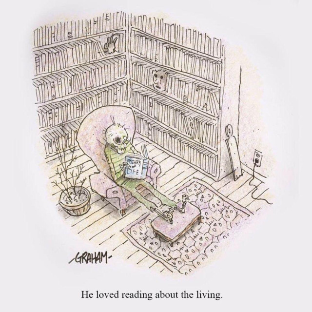 A cartoon illustration of an rotting zombie sitting in a cozy chair reading a book. Caption reads "He loved reading about the living."