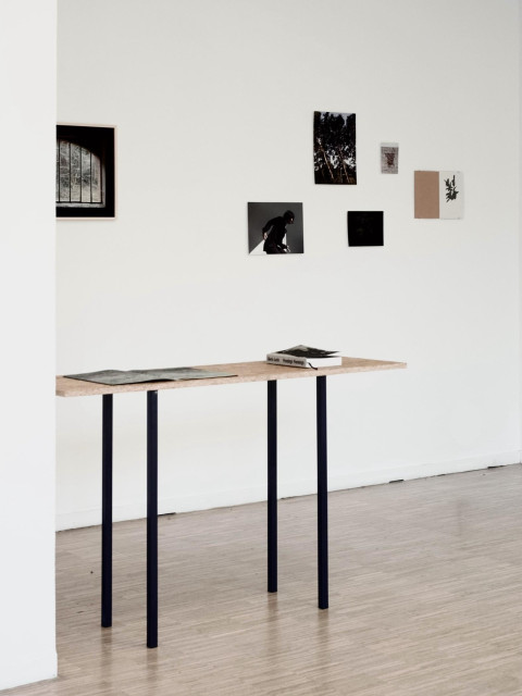 Colour photograph of an exhibition view showing photographic, drawing and book design works by Clara Neumann, 2025 (taufrisch#10 at #GEDOK #Stuttgart)