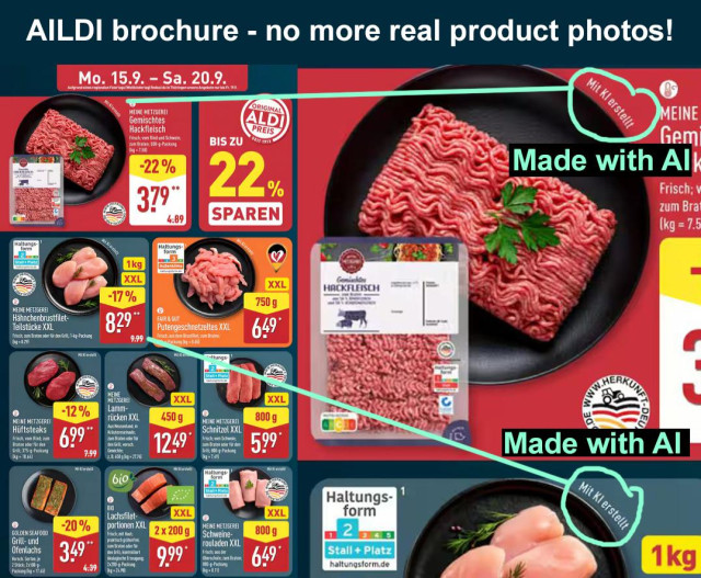 Excerpt from an Aldi brochure featuring product photos made with AI. Above it is a headline with the text: AILDI brochure - no more real product photos!
