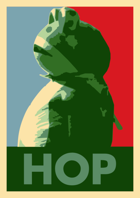 See alt text of other image, this one doesn't have a cape and the frog is color-stepped from tan to dark green