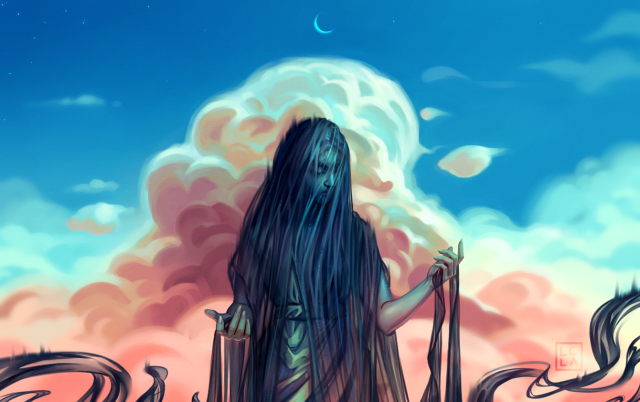 Lethe - A rendered piece of a person covered entirely by a veil in front of a big reddish cloud in a blue sky. The figure is dark compared to the background.