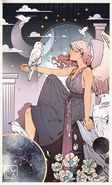 Ephemeral - An art nouveau piece of a woman with wings sitting at the edge of a cliff. White ravens surround her, one of them sits on her outstretched arm digging it's claws into her skin. Paper birds fly in the background, stars hang from strings and flowers bloom in the foreground. 
