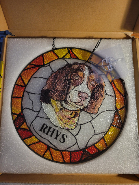 Sun catcher with my dog's face and his name RHYS on it.