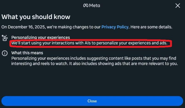 Screenshot of a Meta announcement about Meta making changes to their Privacy Policy. They will start using interactions with AIs to personalize experiences and ads.
