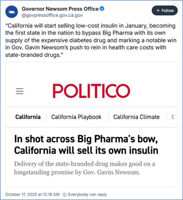 Bsky post by Governor Newsom Press Office ‪@govpressoffice.gov.ca.gov‬
“California will start selling low-cost insulin in January, becoming the first state in the nation to bypass Big Pharma with its own supply of the expensive diabetes drug and marking a notable win in Gov. Gavin Newsom’s push to rein in health care costs with state-branded drugs.”
