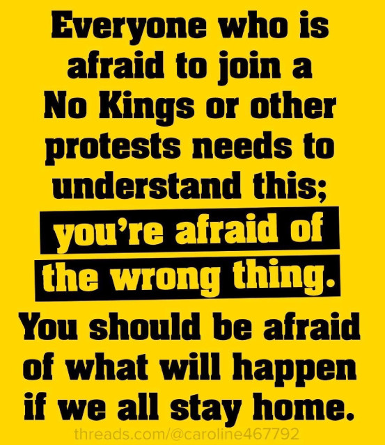 Everyone who is
afraid to join a
No Kings or other
protests needs to
understand this;
you're afraid of
the wrong thing.
You should be afraid
of what will happen
if we all stay home.
threads.com/@caroline467792