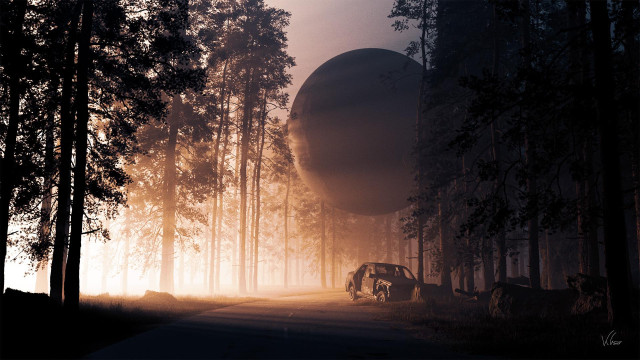 A surreal landscape featuring a large, dark spherical object hovering over a misty forest road. A dilapidated car rests on the side of the road, and tall trees silhouette against a hazy, glowing background.