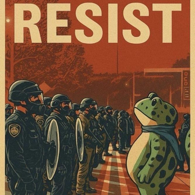 RESIST heading for Frogs standing up to fascists, created for Portland and the Portland Frogs known for protests against ICE, DHS, and National Guard. This is also used in square format for my avatar. Red,green, beige and black colors in pop art style with a line and mass of people in full military gear with shields, guns, and masks vs fat uniform frogs in costumes. Dim background of ICE facility and trees. 