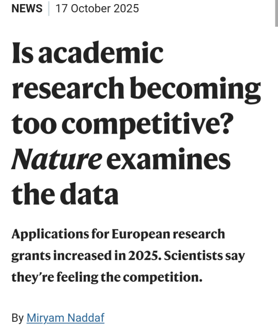Screenshot article in Nature journal. Text: NEWS
17 October 2025
Is academic research becoming too competitive? Nature examines the data
Applications for European research grants increased in 2025. Scientists say they’re feeling the competition.
By Miryam Naddaf.