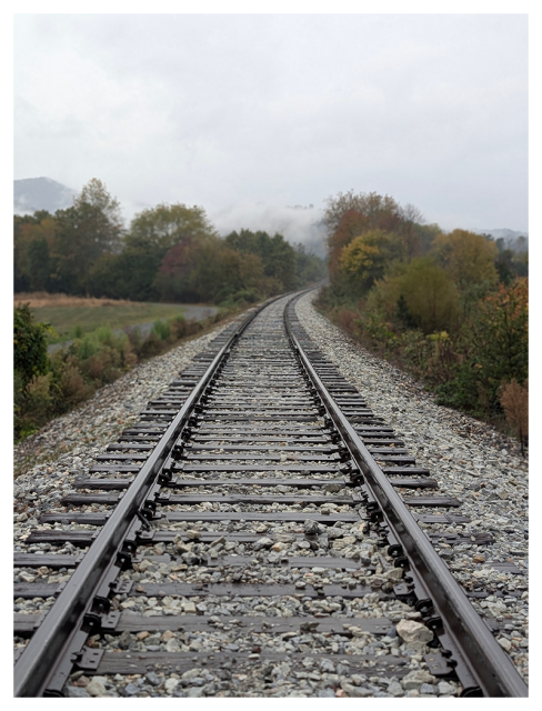 	
A single railroad track stretches into the distance, bordered by gravel and greenery. Trees with autumn-colored leaves line both sides of the track, andfog obscures a mountain ridge in the distance.The tracks appear to fade into the horizon.