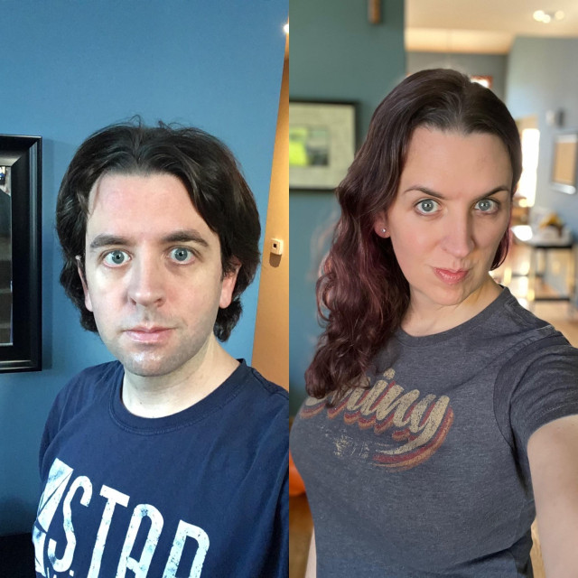 On the left, a man with short, dark brown hair wears a dark blue t-shirt, looking forward with a neutral expression.

On the right, a woman with long, wavy, dark auburn hair wears a dark gray t-shirt with a graphic. She has a subtle smile and looks directly at the viewer.