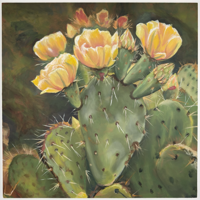 An oil painting of a prickly pear cactus with bright yellow blossoms