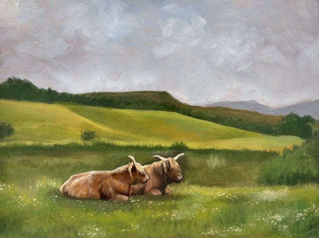 A painting of two highland cows laying next to one another in a green field with overcast skies and mountains in the background 