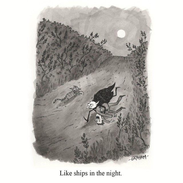 A cartoon illustration of a vampire carrying a human victim passing a cat carrying a mouse victim on a country road at night. Caption reads "Like ships in the night."