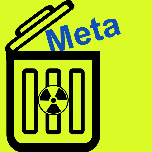 A black and yellow garbage can with a radioactive symbol on it. The lid is open and a blue typography "Meta" is thrown in. The background is yellow.