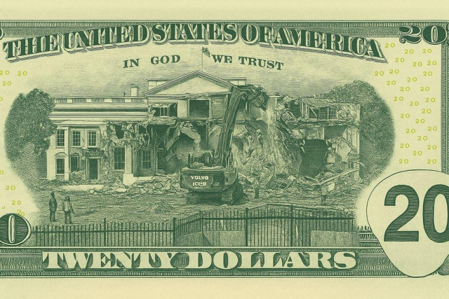 twenty dollar bill with image of the white house replaced with an image of the east wing of the white house being demolished