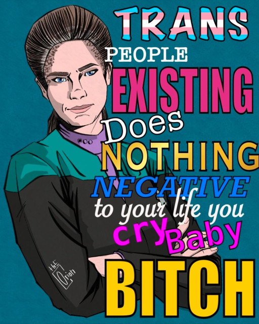 Star Trek Deep Space Nine fan art illustration of Jadzia Dax. Her arms are crossed in front of her, she looks annoyed. To the right, the colorful text says "trans people existing does nothing negative to your life you cry baby bitch."