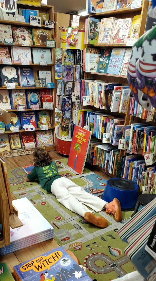 Child on floor reading books at Green Apple Books in San Francisco. Surrounded by books in the children's illustrated book section.