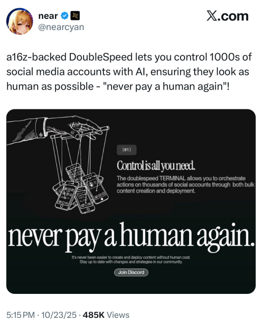 (F near Bl X.com
WW @nearcyan
a16z-backed DoubleSpeed lets you control 1000s of
social media accounts with Al, ensuring they look as
human as possible - "never pay a human again"!
7 ee
S 9 N—7
Z 4 oW = SF
\f f01]
bh Controlisall you need.
\ GL = \9) The doublespeed TERMINAL allows you to orchestrate
Y IN @7/X actions on thousands of social accounts through both bulk
<i "ey content creation and deployment
oxy PAE -

h
never pay a human again.
It's never been easier to create and deploy content without human cost.

Stay up to date with changes and strategies in our community.
(Join Discord )
5:15PM - 10/23/25 - 485K Views
