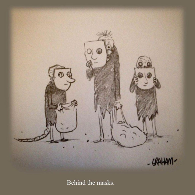 A cartoon illustration of three trick or treaters and two of them are taking their masks off. Caption reads "Behind the masks."