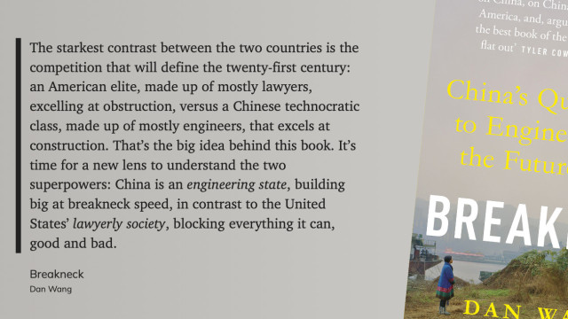 The starkest contrast between the two countries is the competition that will define the twenty-first century: an American elite, made up of mostly lawyers, excelling at obstruction, versus a Chinese technocratic class, made up of mostly engineers, that excels at construction. That’s the big idea behind this book. It’s time for a new lens to understand the two superpowers: China is an engineering state, building big at breakneck speed, in contrast to the United States’ lawyerly society, blocking everything it can, good and bad.
