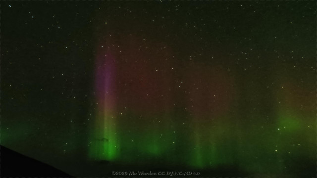 A colour photo of a night sky with lots of stars visible. At the bottom is the silhouette of a hillside. From centre left to the right side is a line of aurora columns, strong green at the base, fading upwards into red with a hint of blue. These are standing like flames in a ragged line across the image.