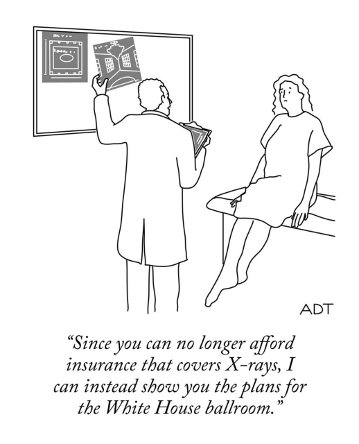 Black and white cartoon of a doctor pointing to a light box or x-rays with normally go showing rendering of the White House. A woman is sitting on an exam table in a hospital gown. He tells her "Since you can no longer afford insurance that covers X-rays, I can instead show you the plans for the White House ballroom."