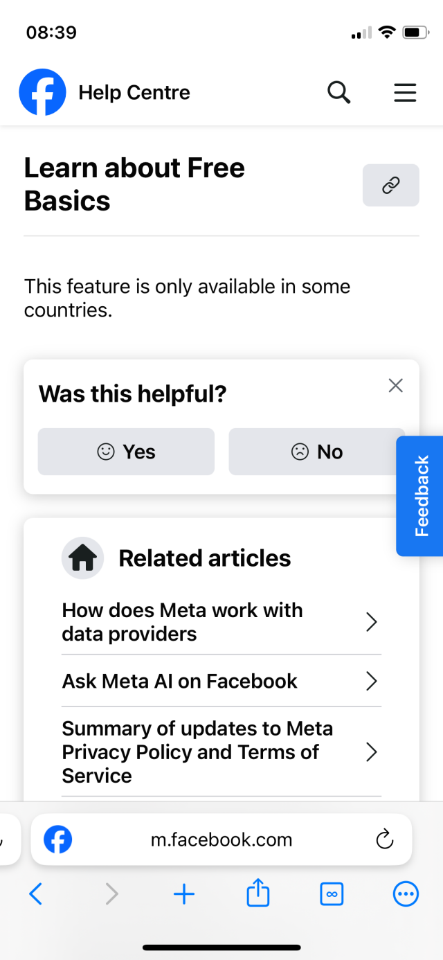 Same as previous screenshot but accessed without VPN in Peru: the body text just reads “This feature is only available in some countries.”