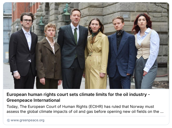 A photograph of six climate activists over a caption that reads:

European human rights court sets climate limits for the oil industry - Greenpeace International 