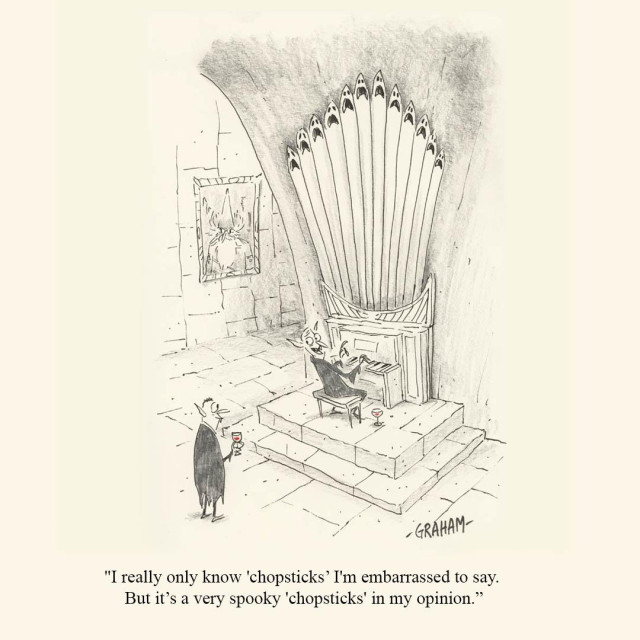 A cartoon illustration of a vampire at an organ talking to another vampire. Caption reads "I really only know 'chopsticks' I'm embarrassed to say. But it's a very spooky 'chopsticks' in my opinion."