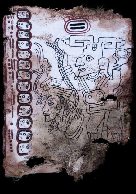 Page 9 of the Grolier Codex, a supposedly pre-Columbian Maya screenfold book, the authenticity of which is disputed.

A standing deity figure dominates the page, facing left, highly stylized with elaborate headdress and glyphic adornment.

To the left margin is a column of Maya day-signs or numerals — a vertical series of repeating glyph blocks, likely used for calendrical or Venus-cycle notation.

The deity holds or is interacting with what appears to be a stone projectile or weapon.

https://en.wikipedia.org/wiki/Maya_Codex_of_Mexico#/media/File:Grolier_Codex,_page_9.jpg