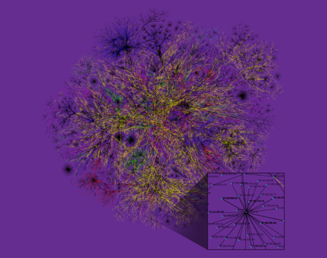 A visualization of a decentralized network: colorful nodes radiating outward from the center in a circular pattern, with interconnecting lines forming a web-like structure against a purple background. Represents distributed internet infrastructure.