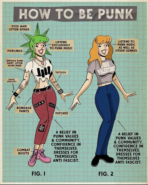 How To Be Punk:

FIG. 1: (comic book style image of a punk girl with identifying markers pointing to "punk" style) Dyed Hair, often spiked, Listens Exclusively to Punk Music, Piercings, Vintage band shirt, often home made, tattoos, spiked jewelry, Bondage pants, patches, combat boots, A belief in punk values & community, Confidence in themselves, Dresses for themselves, anti-fascist.

FIG. 2: (A second comic book style image of a "normie" girl, [w/ a free palestine shirt]) Listens to Punk Music as well as other genres, A belief in punk values & community, Confidence in themselves, Dresses for themselves, anti-fascist.