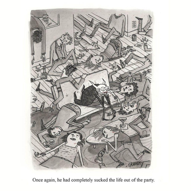 A cartoon illustration of a disillusioned looking vampire sitting on a couch surrounded by dead people in a party setting. Caption reads "Once again, he had completely sucked the life out of the party."