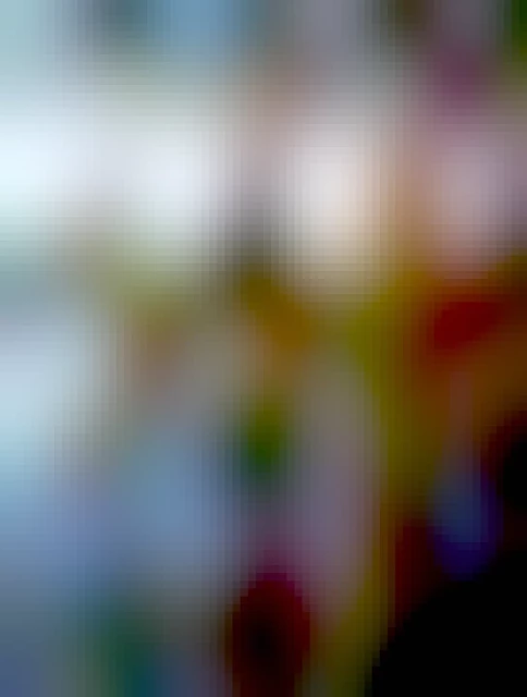 Many trees full of autumn colours are seen next to a lake. Some trees reflect off the water and a soft blue sky is also seen.