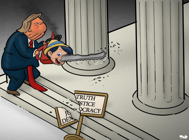 Cartoon showing Donald Trump using a chainsaw to cut down one of the pillars of the temple of democracy. The chainsaw is shaped like the head of Pinocchio, with the sea blade being the long nose. A sign that reads 'Truth, justice, democracy' lies cut in half on the ground.
