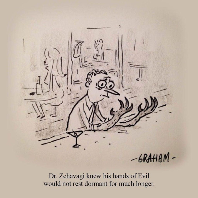 A cartoon illustration of a worried man sitting at a bar looking at his evil monster hands. Caption reads "Dr. Zchavagi knew his hands of Evil would not rest dormant for much longer."