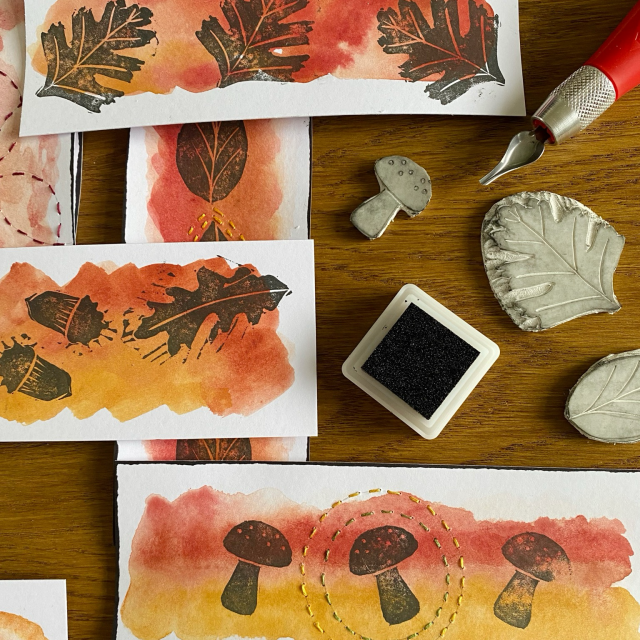 Hand carved stamps with the finished bookmarks 