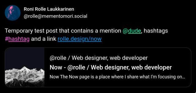 Preview of "Termporary test post that contains mention, hashtags, and a link, presenting accessible colors and font sizes.