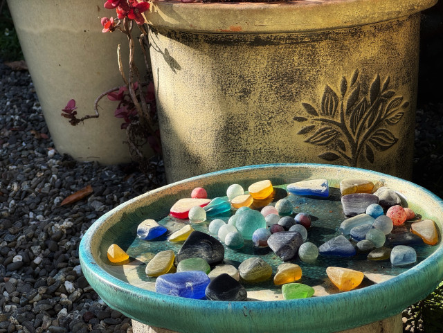 a bee waterer, a wide dish with several marbles and pieces of colored glass, is almost empty of water, illuminated by afternoon sunlight slanting in from the left. there is a planter behind it with a small twist of succulent tendrils hanging over the edge, also glowing in the sun.