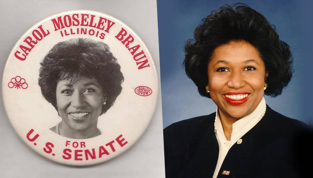 A campaign badge for Carol Moseley Braun, and a portrait photo of her. She is a Black woman with a classic 1990s blow-out hair do.