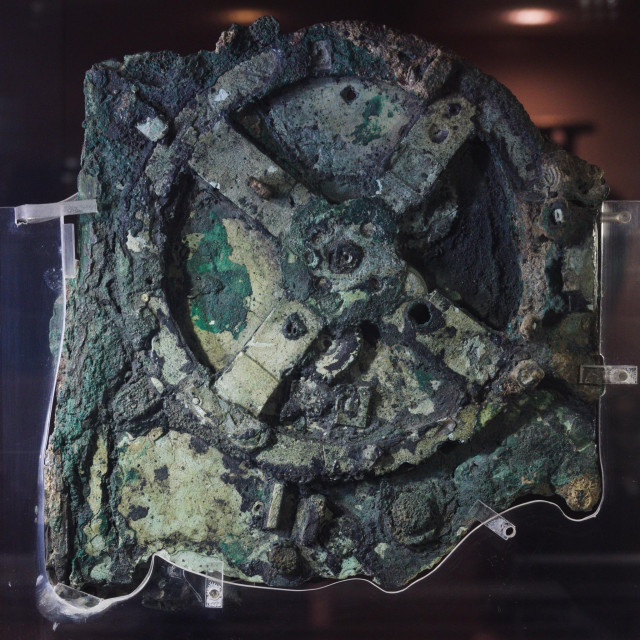 The Antikythera Mechanism as on display in the National Archaeological Museum in Athens.