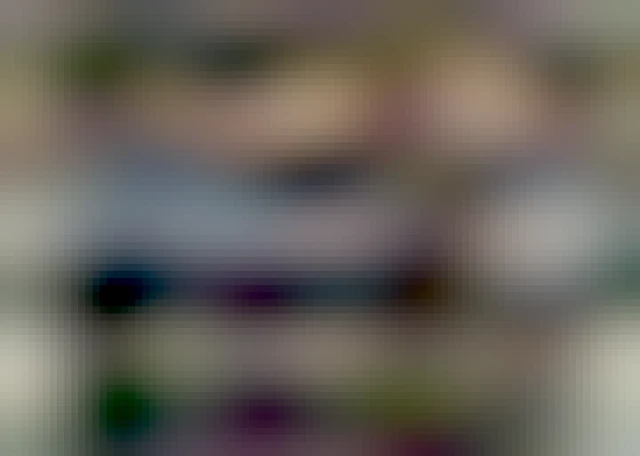 A modern grey pillow on a beige rectangle box with steel legs creates a dog bed which an apricot colour dog with curly hair is sitting on it looking at the camera. 