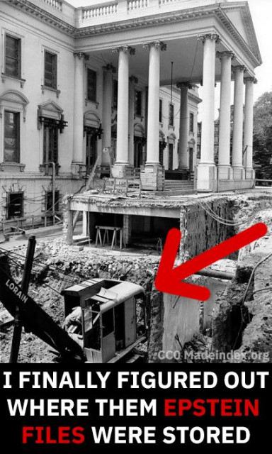 Meme containing a black and white photograph of the white house. A part of it is getting demolished. A red arrow points to the bottom of the construction site. Below is a caption: "I finally figured out where them Epstein Files were stored".