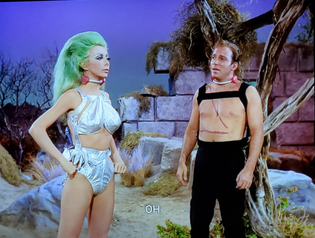 Ok, so it's a screenshot from the Original Series and uffta. The setting is outside, and there's an old broken down block wall across part of the back that gives way to some dead trees and background flotsam. Also some large stone blocks and regular rocks just sittin' around. It's all overgrown with roots and nature. Standing up close is a woman, hands on hips all official like. She's got big green hair and a shiney silver future space bikini. You know it's a space bikini because it's just slightly different than a normal bikini. Next to her is Kirk, in black pants and no shirt. It looks like he has backpack on too, and across his chestal region are cut wounds that slash across and another that slashes downward at an angle. Both Kirk and the Lady Gaga green hair space bikini gal are wearing a weird collar. Closed caption reads, "OH."